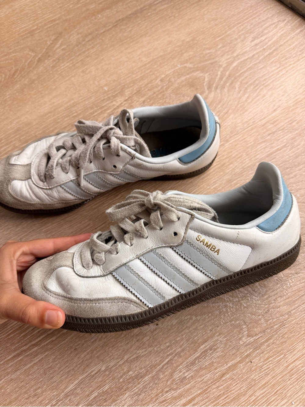 adidas Women’s Samba White with Light Blue Heel Sneakers